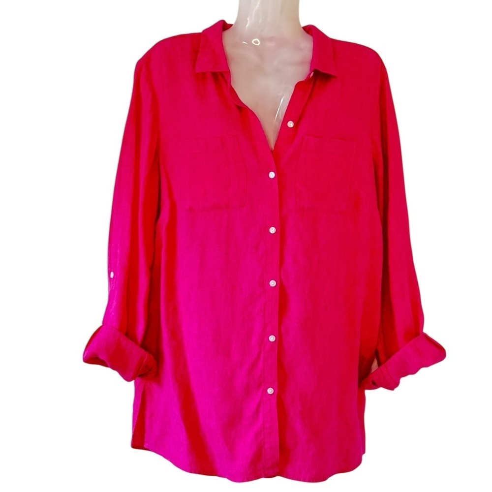Charter Club Linen Tunic Button Front Shirt Hot Pink Long Sleeve 2 Pockets  Med